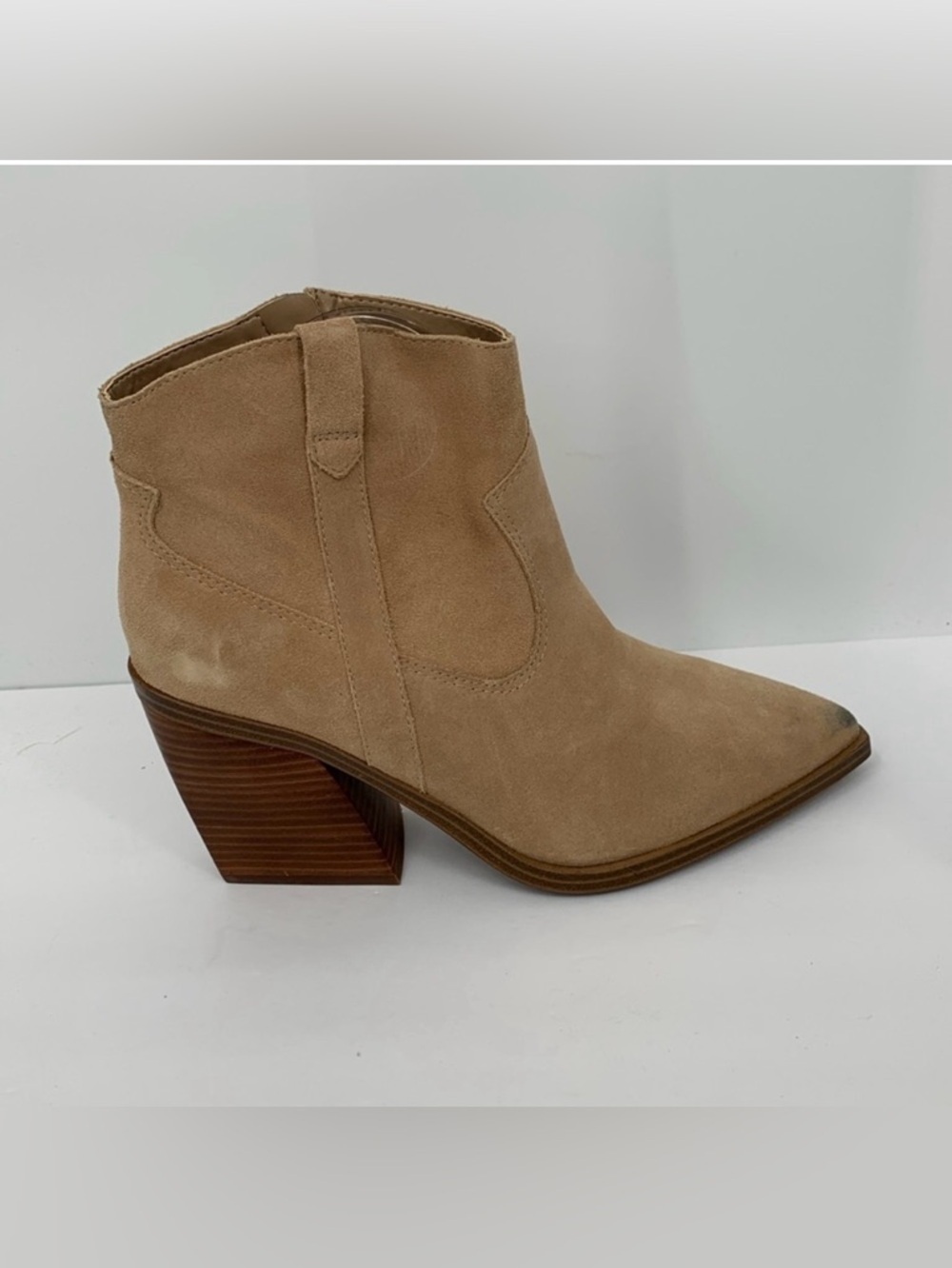 Vince Camuto Gredile suede ankle boot heel shoe zipper brown leather Western 12